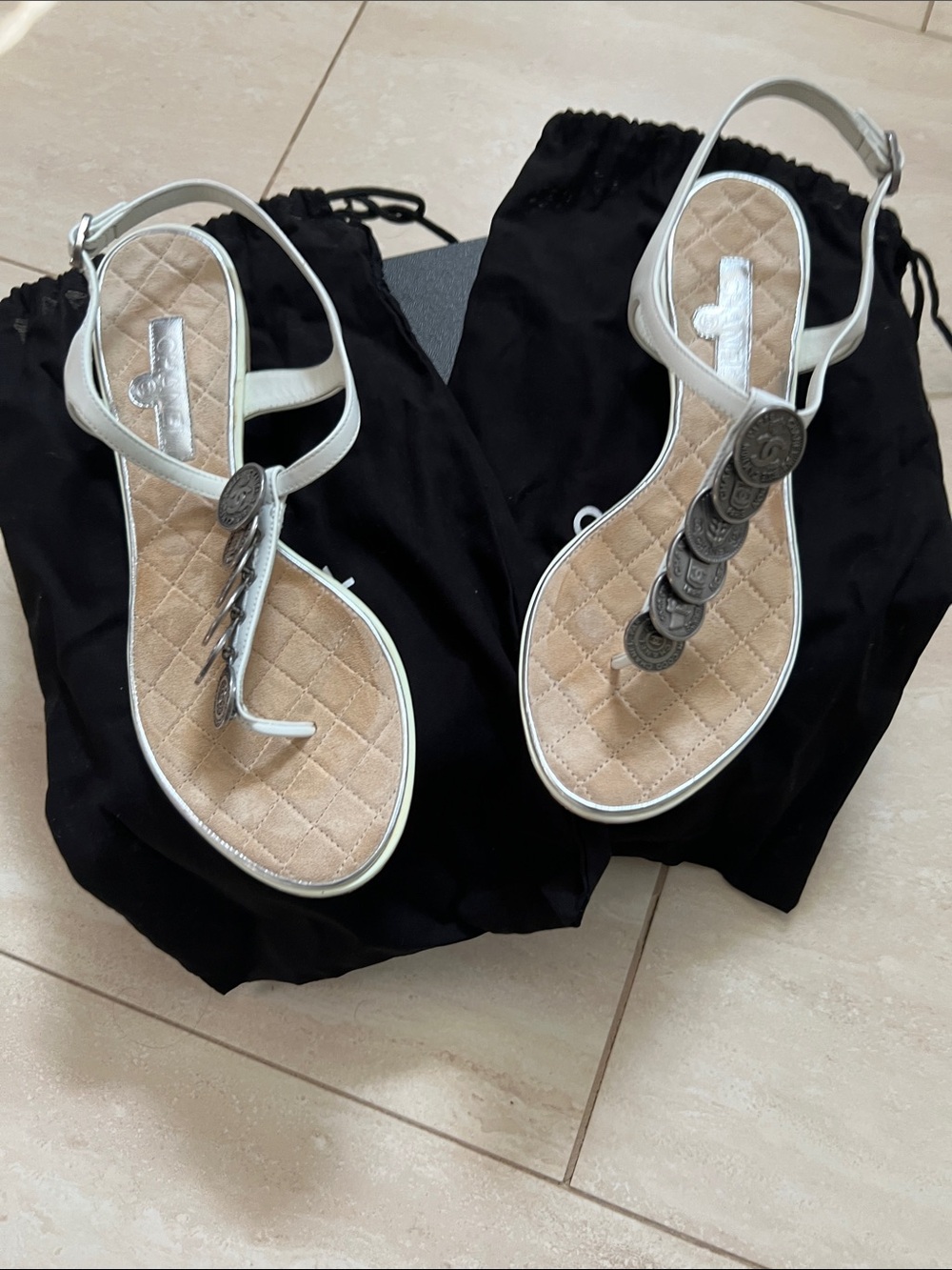 CHANEL White Leather T-Strap Sandals with Coin Medallions